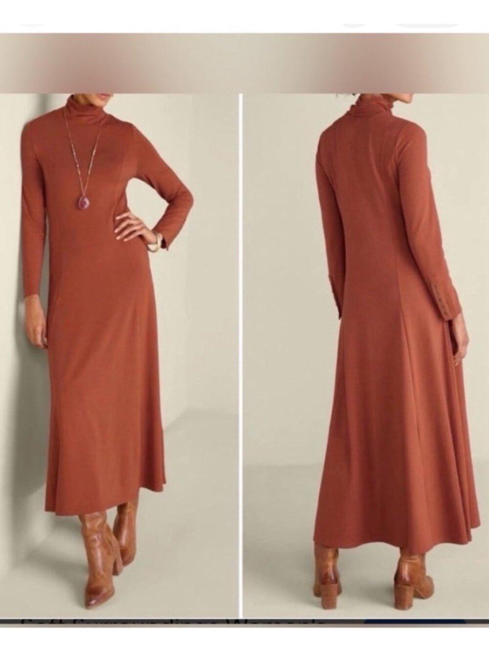 Soft Surroundings L Jackie Midi Dress Jersey Knit Turtleneck Brown Pockets